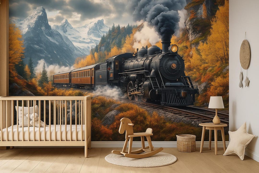 Adventure Train Forest Wallpaper – Watercolor Steam Train Wall Mural ...