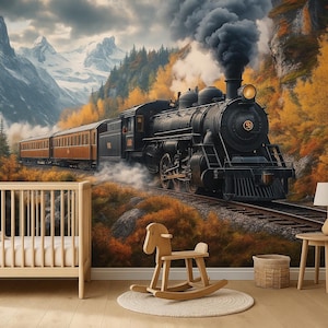 Adventure Train Forest Wallpaper – Watercolor Steam Train Wall Mural for Boys Room