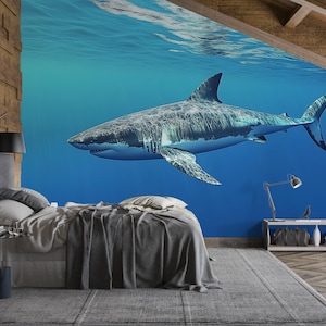 Shark Wall Mural – Blue Ocean Peel and Stick Wallpaper – Boys Room Decor – 3D Shark Art for Beach House or Man Cave – Sea Life Mural