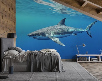 寝室用サメ壁画 – 海の水中テーマ – ホホジロザメアート壁紙 – クール
