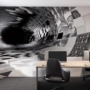 3D Black and White Tunnel Mural - Modern Abstract Office Decor - Stylish Wall Art for Creative Spaces - Unique Birthday or Holiday Gift