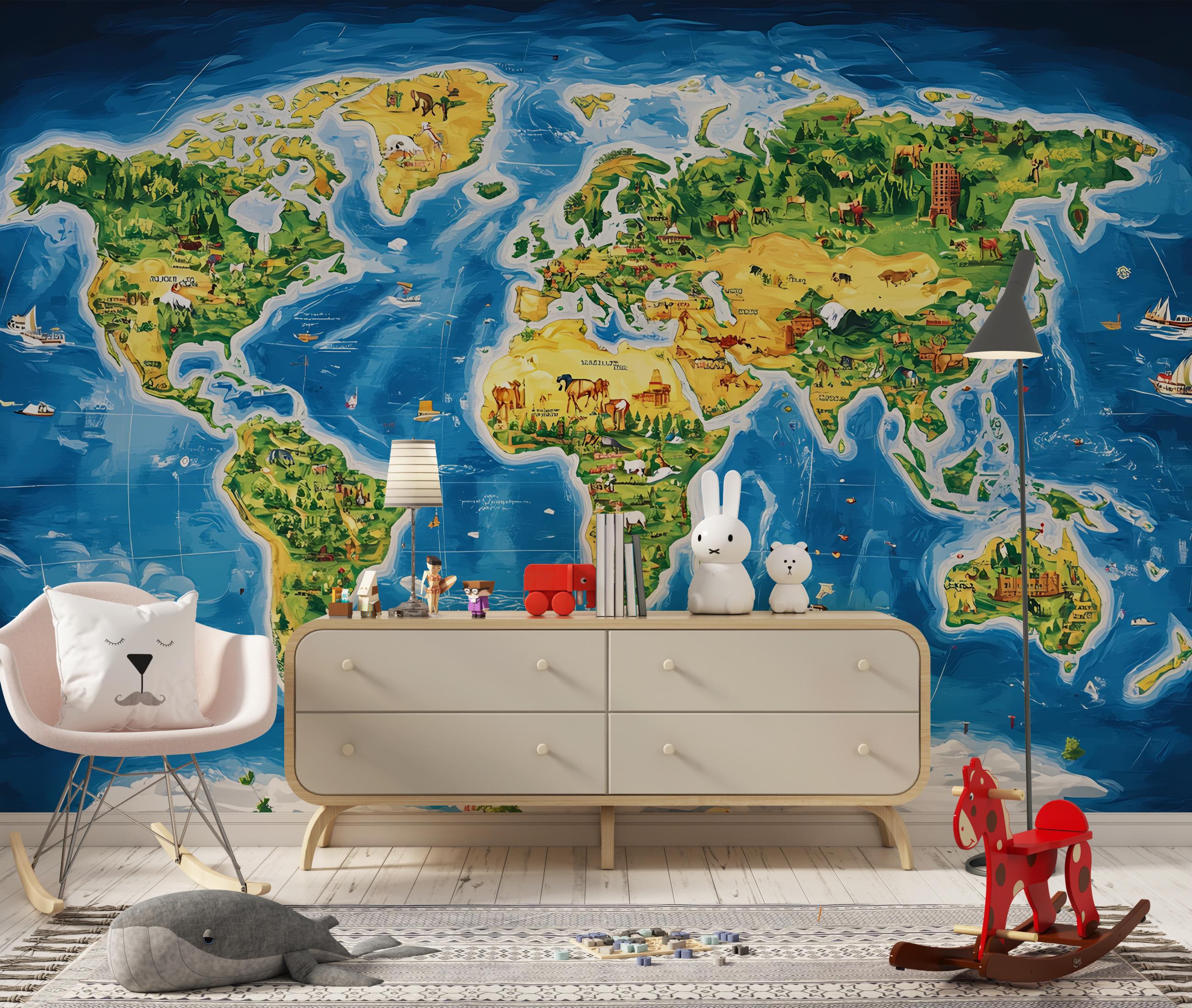 Illustrated Kids World Map Mural – Peel and Stick Educational Wallpaper ...