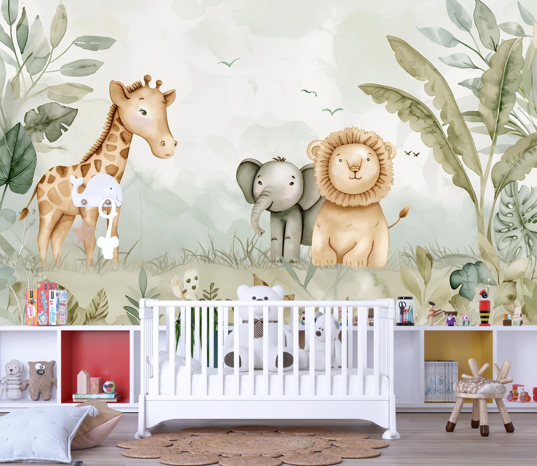 Safari Jungle Animal Wallpaper Mural – Cute Giraffe Elephant Lion ...