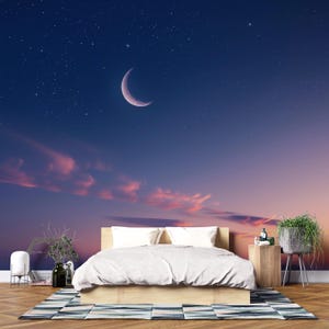 May include: A bedroom scene featuring a mural of a night sky with a crescent moon, stars, and pink clouds. A wooden bed frame with white bedding is in front of the mural. A wooden side table holds a plant and a bottle. A patterned rug is on the wooden floor.