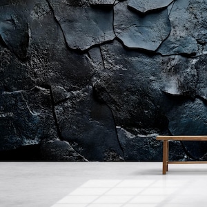 3D Slate Texture Wallpaper – Dark Rock Stone Wall Mural for Living Room or Office – Realistic Industrial Wallpaper – Modern Black Stone Wall