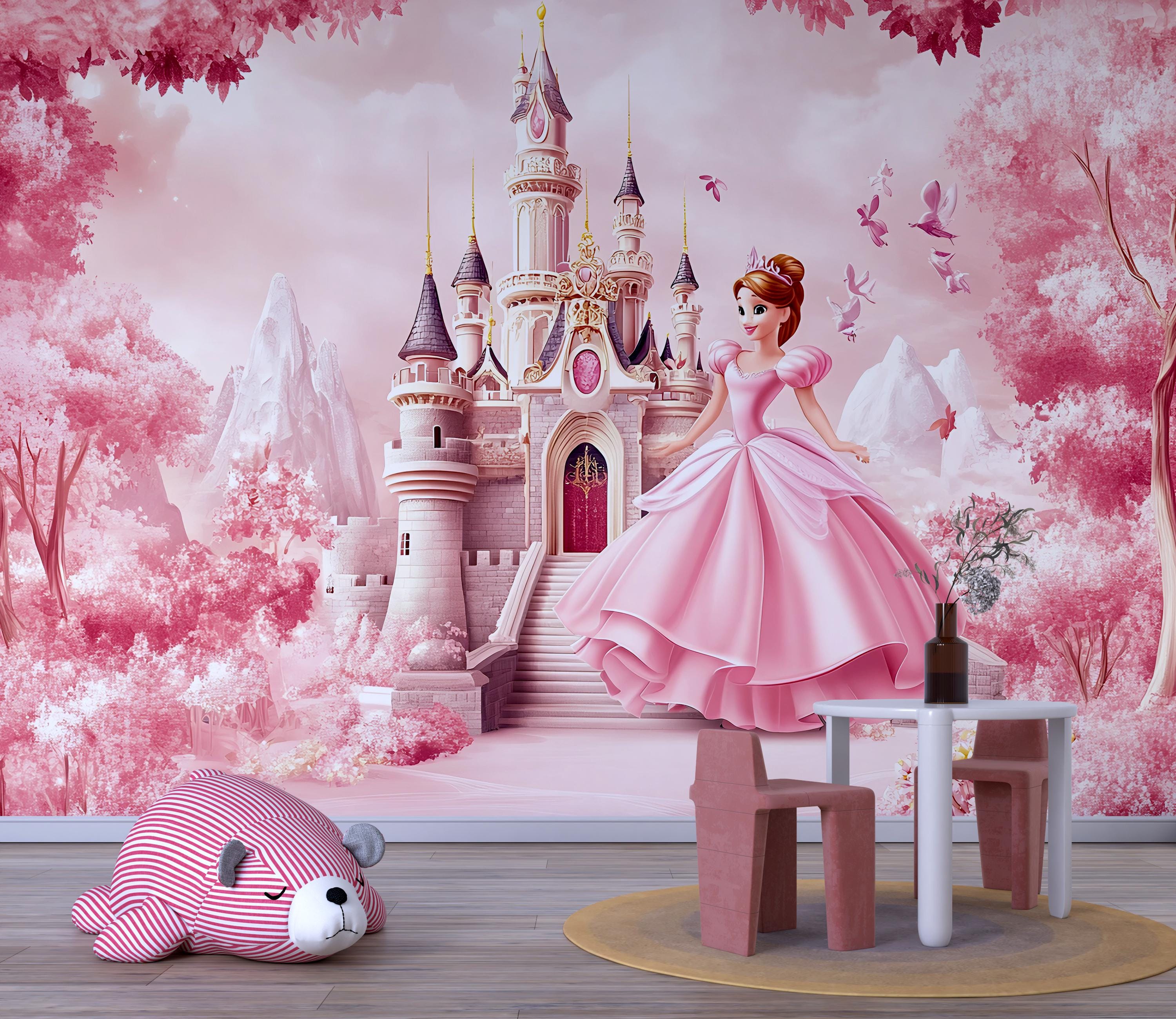 Princess Castle Wall Mural – Pink Fairy Tale Wallpaper for Girls ...