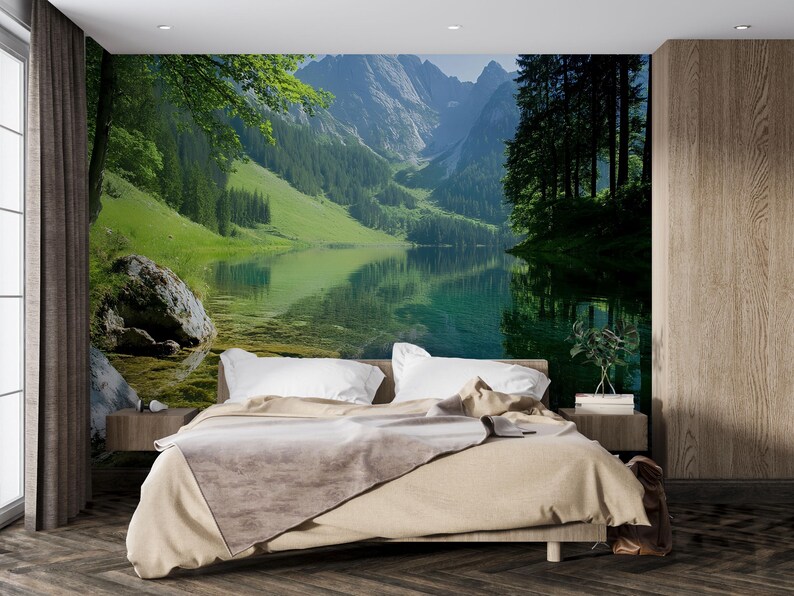 3D Nature Mountain Lake Wallpaper Mural for Bedroom or Living Room ...