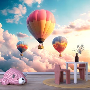 Hot Air Balloon Wall Mural – Sunset Sky Cloud Wallpaper for Kids Room, Nursery, Playroom, Peel and Stick Removable Decor