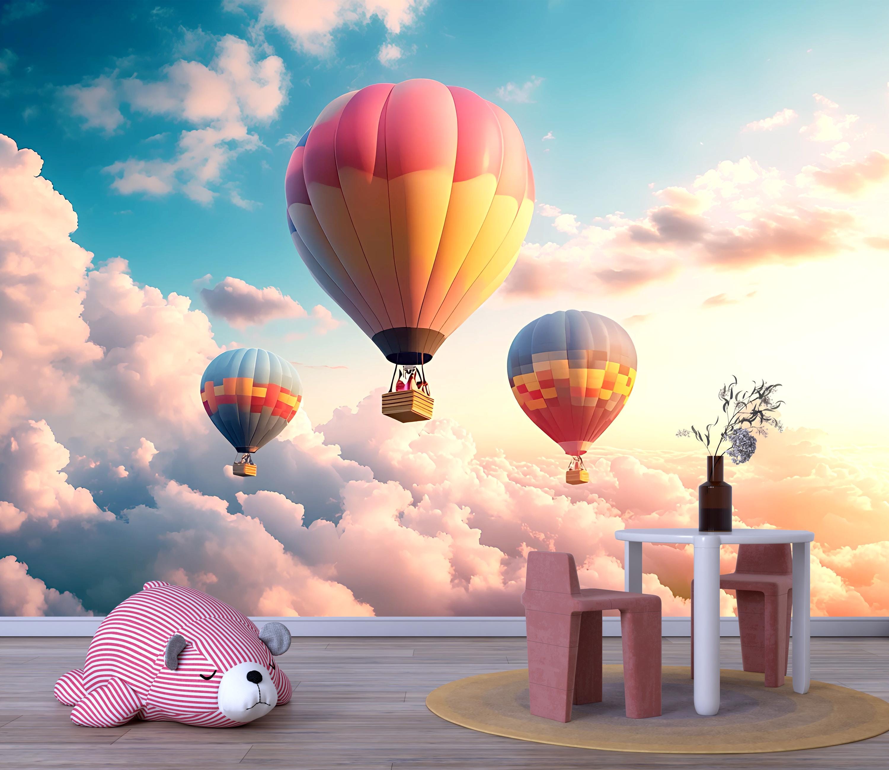 Hot Air Balloon Wall Mural – Sunset Sky Cloud Wallpaper for Kids Room ...