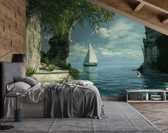 Carta da parati murale 3D con barca a vela - Carta da parati per cameretta con vista sull'oceano / Decorazione moderna costiera / Elegante arte per cameretta / Fotomurale nautico / Regalo per la vela