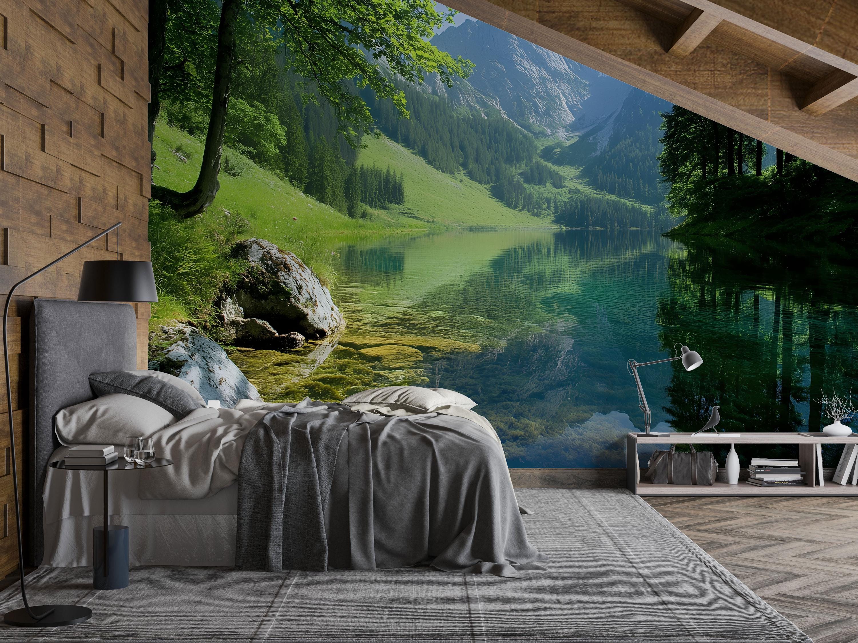 3D Nature Mountain Lake Wallpaper Mural for Bedroom or Living Room ...