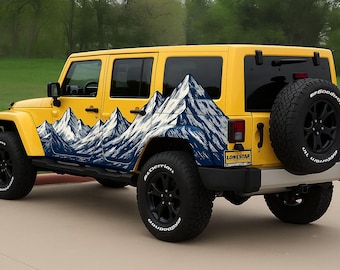 May include: A yellow Jeep SUV with black wheels and a spare tire. The vehicle features a mountain range graphic in blue and white on the side. The tires have white lettering.