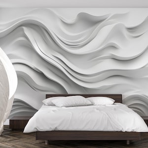 White Wavy 3D Wall Mural – Modern Minimalist Texture Wallpaper – Sculpted Abstract Wave Design – Peel and Stick Accent Wall for Bedroom