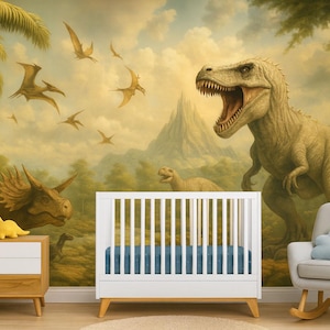Dinosaur Nursery Wallpaper Mural | 3D T-Rex Jungle Wall Decor | Kids Room Dinosaur Wall Art | Prehistoric Dinosaur Wallpaper For Boys Girls