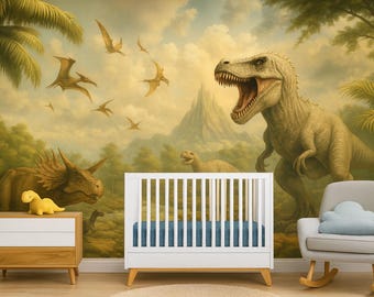 May include: A nursery scene featuring a dinosaur-themed mural with a T-Rex and Triceratops. A white crib with a blue mattress, a rocking chair, and a wooden nightstand with a yellow dinosaur toy complete the room.