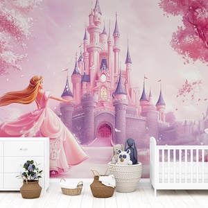 Princess Castle Wall Mural – Pink Fairytale Wallpaper for Girls Nursery or Bedroom, Fantasy Peel and Stick Wall Art, Magical Kids Decor