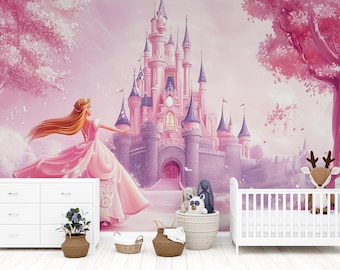 Muurschildering prinseskasteel – Roze sprookjesbehang voor meisjes kinderkamer of slaapkamer, fantasie muurkunst pellen en plakken, magisch kinderdecor