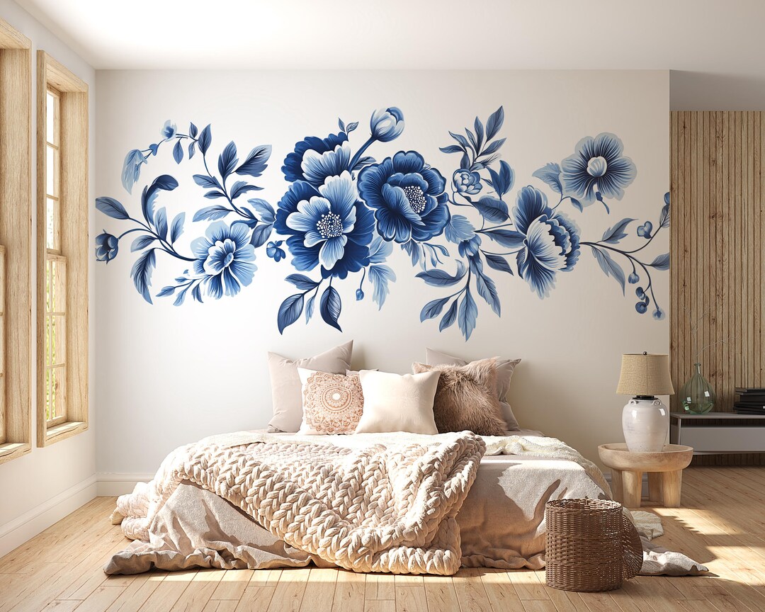 Blue Floral Wall Decal • Large Watercolor Flower Mural • Elegant ...