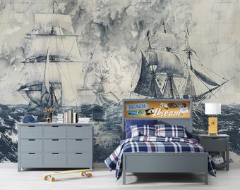 Carta da parati con veliero nautico, murale vintage con oceano, decorazioni marittime, audace arte murale costiera, elegante idea regalo per carta da parati per cameretta dei ragazzi