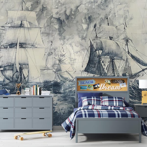 Papel pintado de velero náutico, mural vintage de océano, decoración marítima, arte costero llamativo, elegante papel pintado para habitación de niño, idea de regalo.