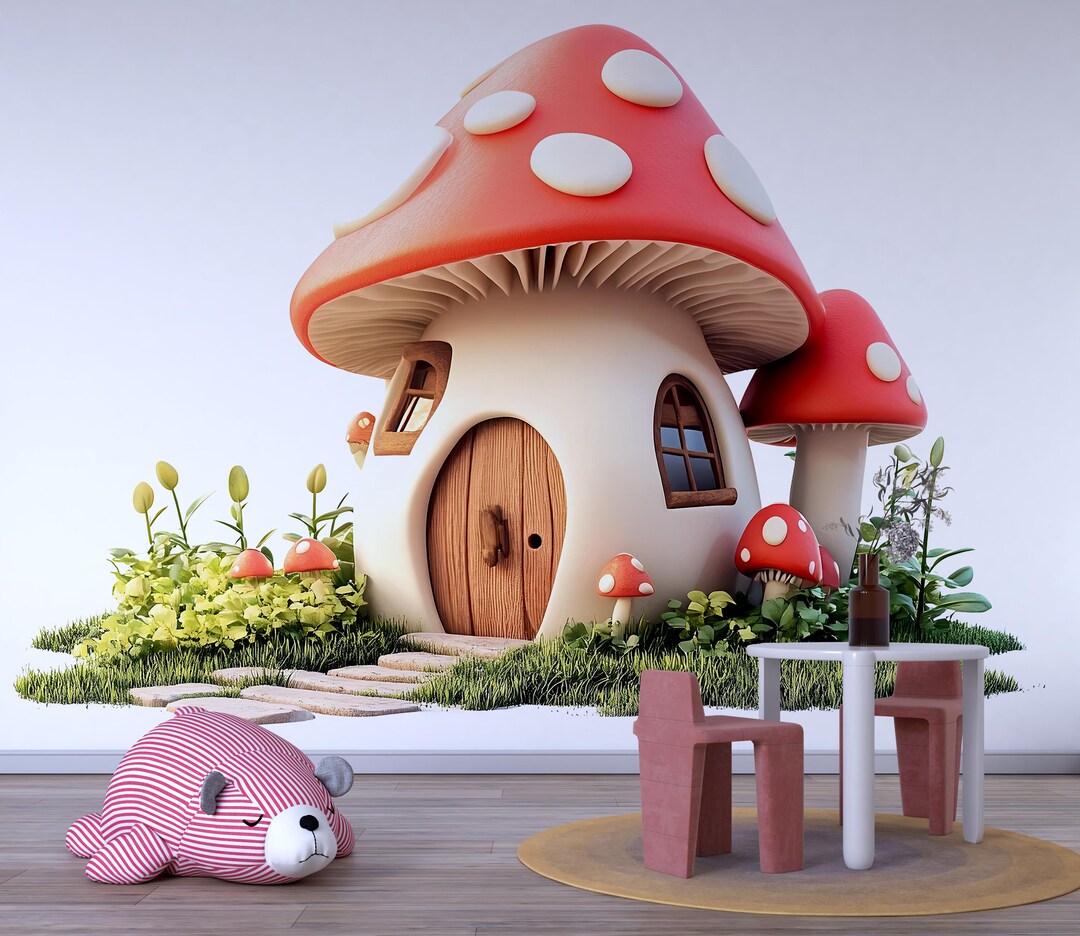 Kawaii Mushroom House Wall Decal, Fairy Cottage Wall Sticker, Whimsical ...