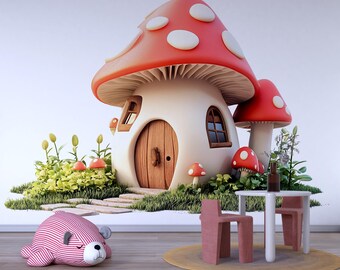 Sticker maison champignon kawaii, sticker mural cottage féerique, art mural fantaisiste pour chambre d'enfant, décoration de chambre d'enfant livre de contes, sticker autocollant
