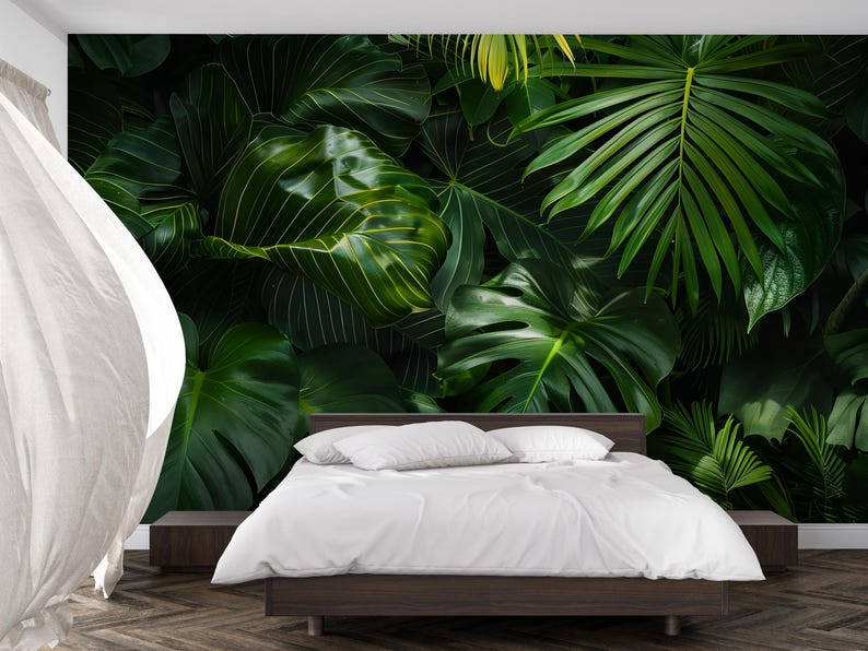 Tropical Palm Leaf Wallpaper Mural – Bold Green Jungle Monstera Wall ...