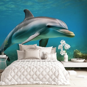 Dolphin Wall Mural – 3D Ocean Underwater Wallpaper for Kids Room, Boys Bedroom, Sea Animal Peel and Stick Removable Decor