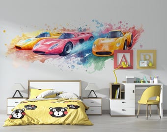 Muursticker aquarel raceauto • Racesticker jongenskamer • Muurschildering sportwagen • Peel & Stick-muurkunst kinderkamer • Verwijderbare muurkunst
