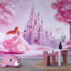 Princess Castle Wall Mural – Pink Fairytale Wallpaper for Girls Nursery ...