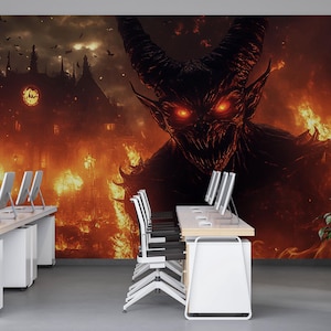 May include: An office interior with a dramatic mural of a horned demon and a burning city. The room is furnished with white desks, chairs, and computer screens. A potted plant adds a touch of green.
