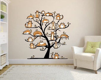 Wall decal art stickers Wood, Wall sticker Funny cats decor, Trees Cats Bird vinyl sticker, stickers Cat decal Cat Bird-GD657