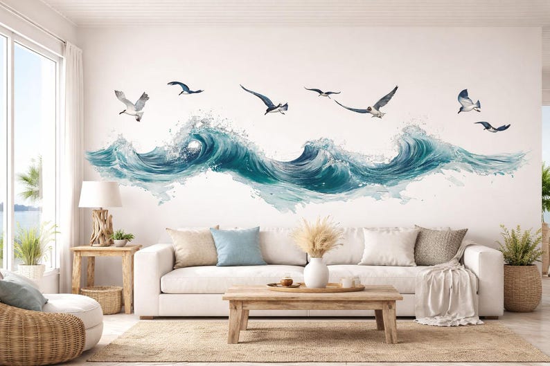 Ocean Wave Wallpaper Coastal Wall Decal Beach Wall Mural Peel and Stick