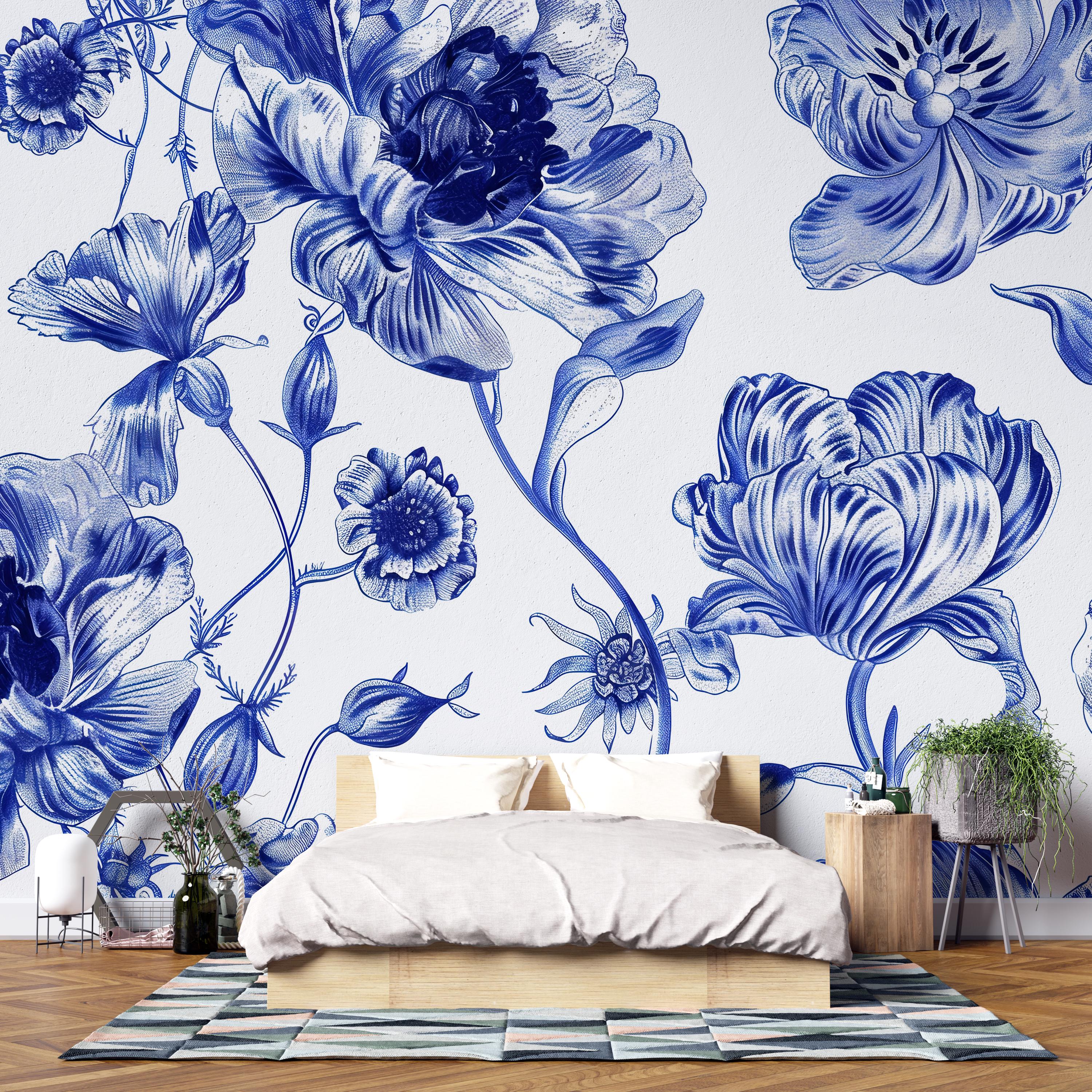 Blue and White Floral Wallpaper Mural – Oversized Botanical Wall Decor ...
