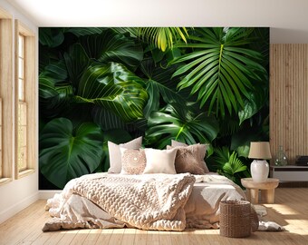 Tropical Palm Leaf Wallpaper Mural – Bold Green Jungle Monstera Wall Decor for Bedroom, Living Room or Office – Modern Stylish Accent