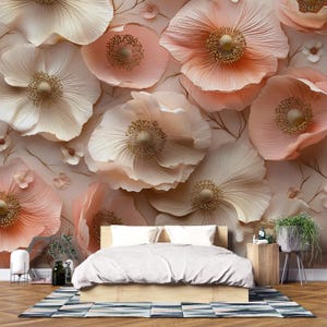 3D Floral Wall Mural for Bedroom – Elegant Beige & Blush Poppies – Romantic Flower Wallpaper – Peel and Stick or Non-Woven