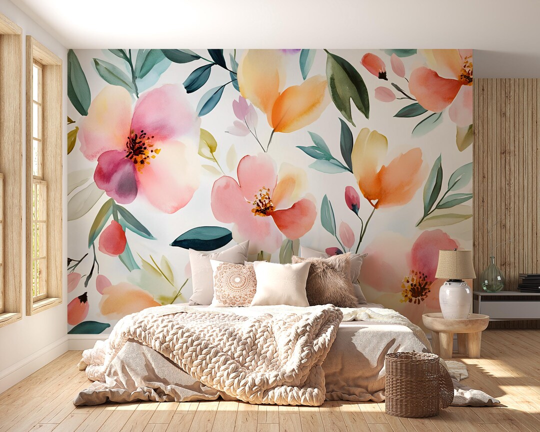 Watercolor Floral Wall Mural – Bright Botanical Wallpaper for Stylish ...