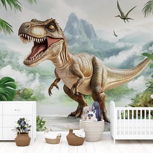 Dinosaur Wall Mural for Kids Room – 3D T-rex Jungle Wallpaper