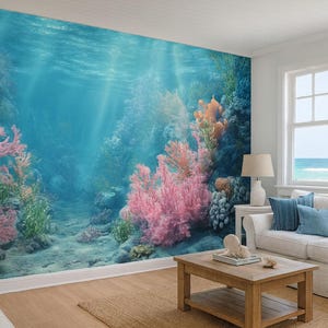 Korallenriff Realistische Tapete Für Strandhaus | 3D-Ozeanszenenwandbild für Küstennautisches Wohn- oder Schlafzimmer