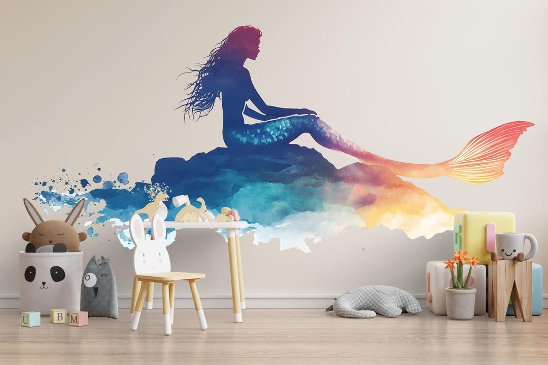 Watercolor Mermaid Wall Decal for Nursery or Kids Room, Ocean Fantasy ...