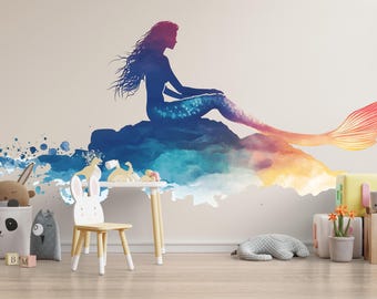 Calcomanía de pared de sirena de acuarela para habitación infantil o infantil, calcomanía de fantasía oceánica, decoración de dormitorio para niña bajo el mar, despegar y pegar.