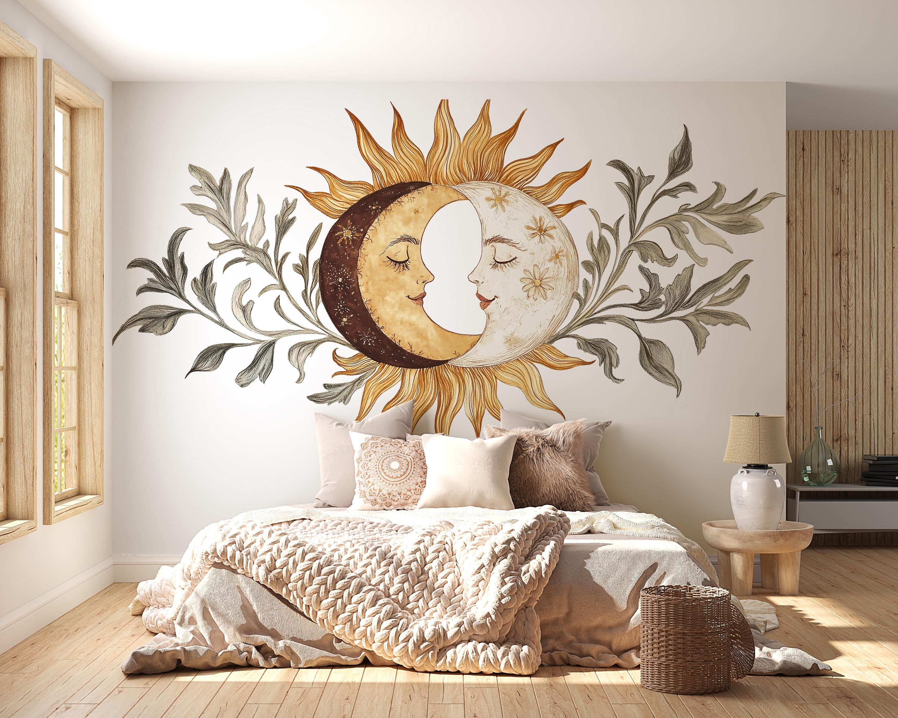Sun and Moon Wall Decal • Boho Celestial Mural With Leaves • Spiritual ...