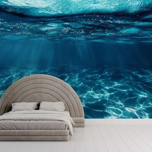 3D Unterwasserozean Wandbild - Tiefblaue Meerestapete mit Sonnenstrahlen und Wassertextur - Modernes Schlafzimmerdekor - Entspannender Ozean
