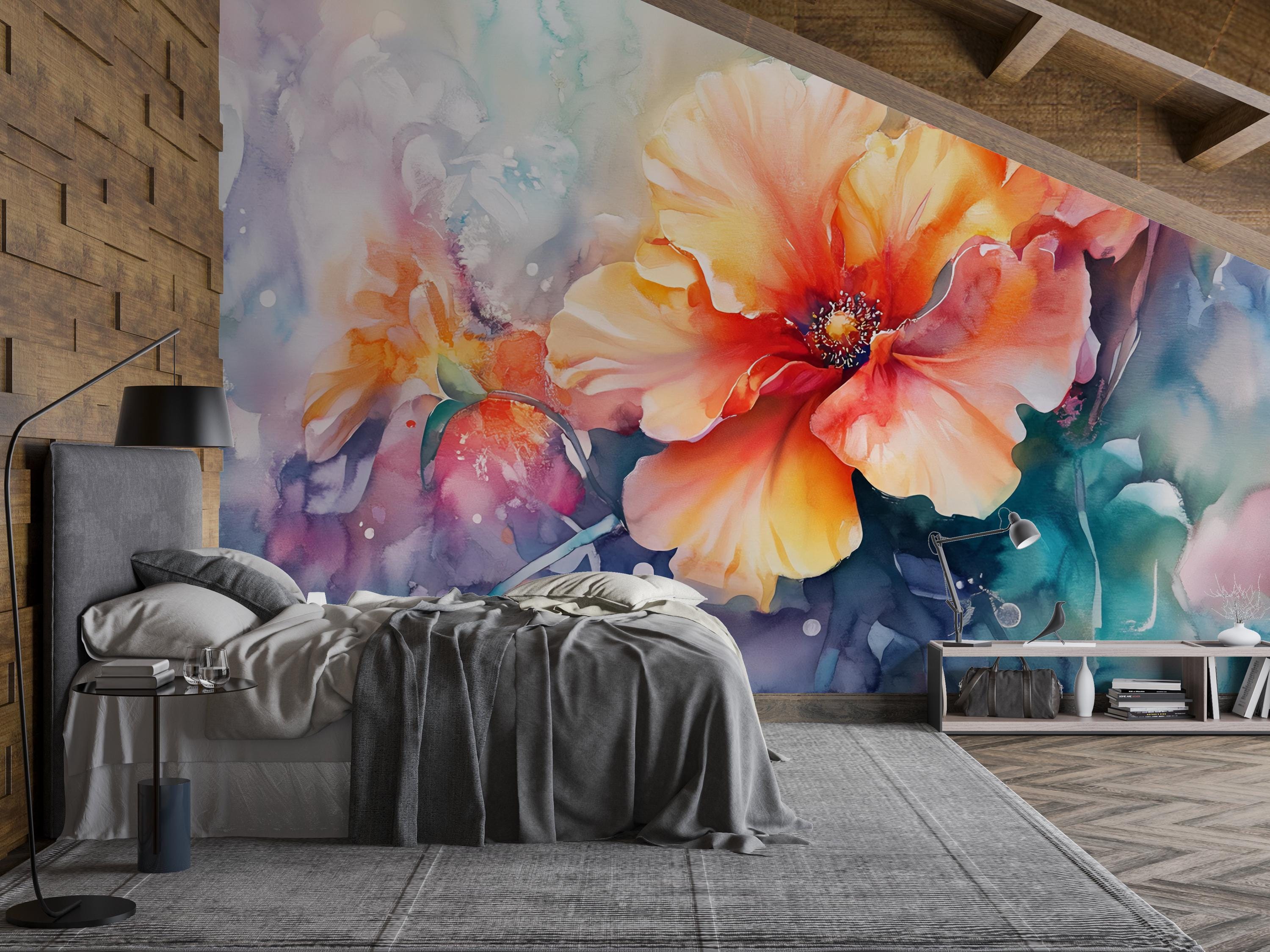Bold Watercolor Floral Wall Mural – Colorful Flower Wallpaper for ...