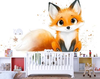 May include: A whimsical illustration of a cartoon fox with orange fur, black ears, and big eyes. The fox is sitting in front of a white crib. The background has a white wall with decorative elements, including a whale and star-shaped wall decor.