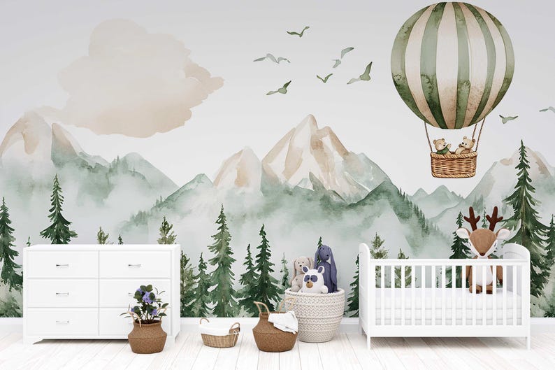 Hot Air Balloon Nursery Wall Mural – Forest Animals & Mountain ...