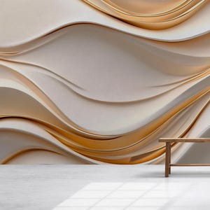 May include: Abstract wall art featuring a flowing, layered design in shades of beige and gold. A wooden bench holds two decorative vases. The wall has a textured, wave-like pattern, creating a sense of depth and movement. The overall aesthetic is modern and minimalist.