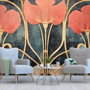 Art Nouveau Wallpaper / Romantic Decorative Arts Wallpaper / Peel and Stick Nature-Inspired Vintage Wallpaper / Floral Nouveau Wallpaper