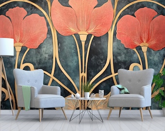 Jugendstil Tapete / Romantische Dekorative Kunst Tapete / Von der Natur inspirierte Vintage Tapete zum Abziehen und Aufkleben / Florale Nouveau Tapete