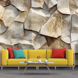 3D Sandstone Rock Wall Mural – Textured Stone Look Wallpaper – Rustic Natural Accent Wall – Peel and Stick Faux Stone for Living